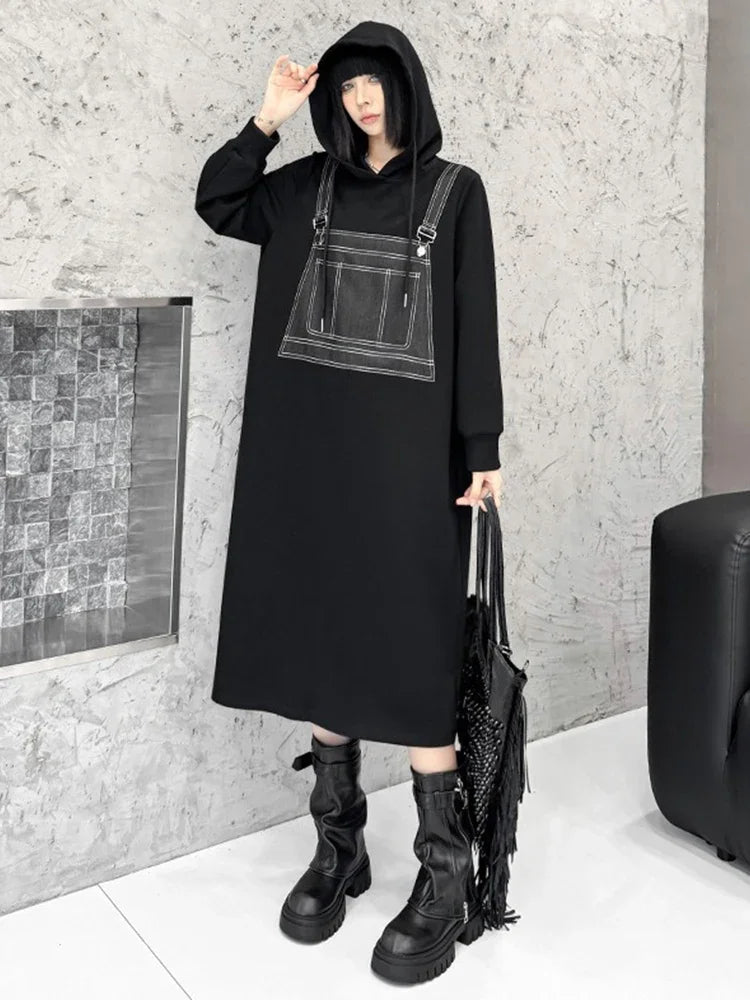 XITAO Fashion Patchwork Solid Color Loose Dress Western Style A-line Mid-calf Pullover Hooded Autumn New Women Dress ZYY1065