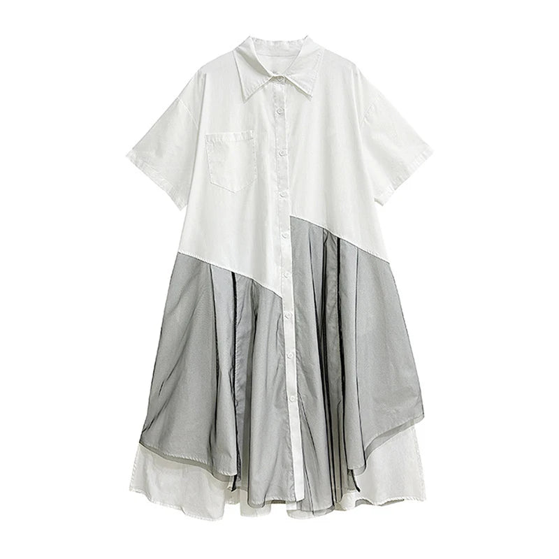 XITAO Irregular Shirt Dress Simplicity Casual Mesh Patchwork Asymmetrical Hem 2024 Summer New Turn-down Collar Dress LYD1908