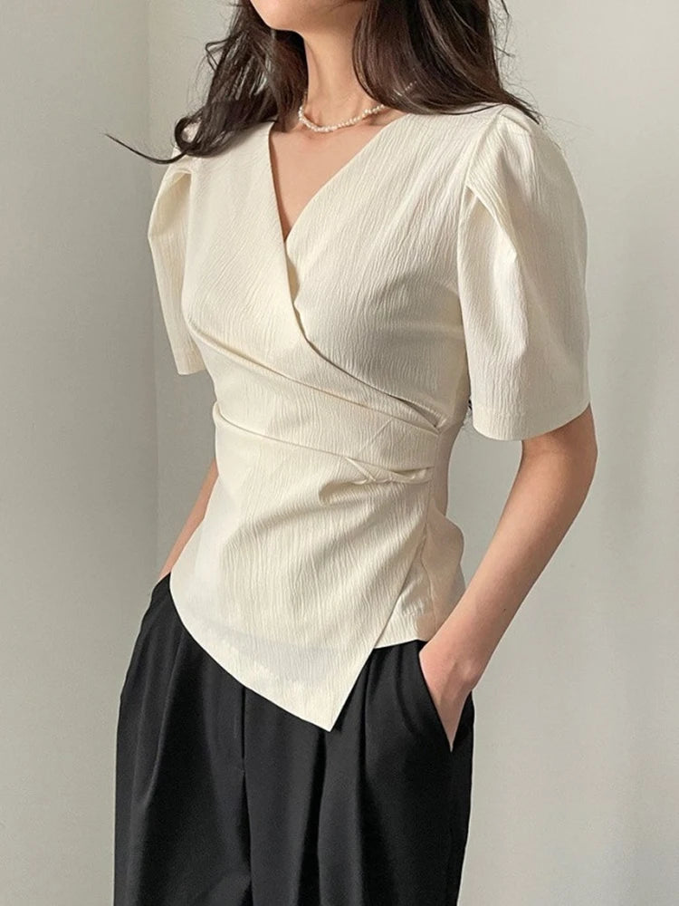 XITAO Temperament Irregular V-neck Shirt Pleated Short Sleeve Solid Color Summer Women New All-match Shirt Top DMJ2052