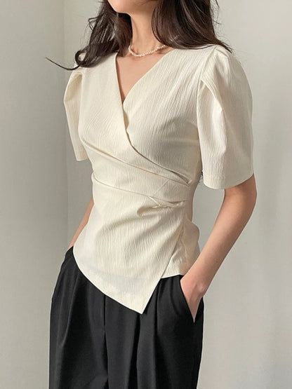 XITAO Temperament Irregular V-neck Shirt Pleated Short Sleeve Solid Color Summer Women New All-match Shirt Top DMJ2052