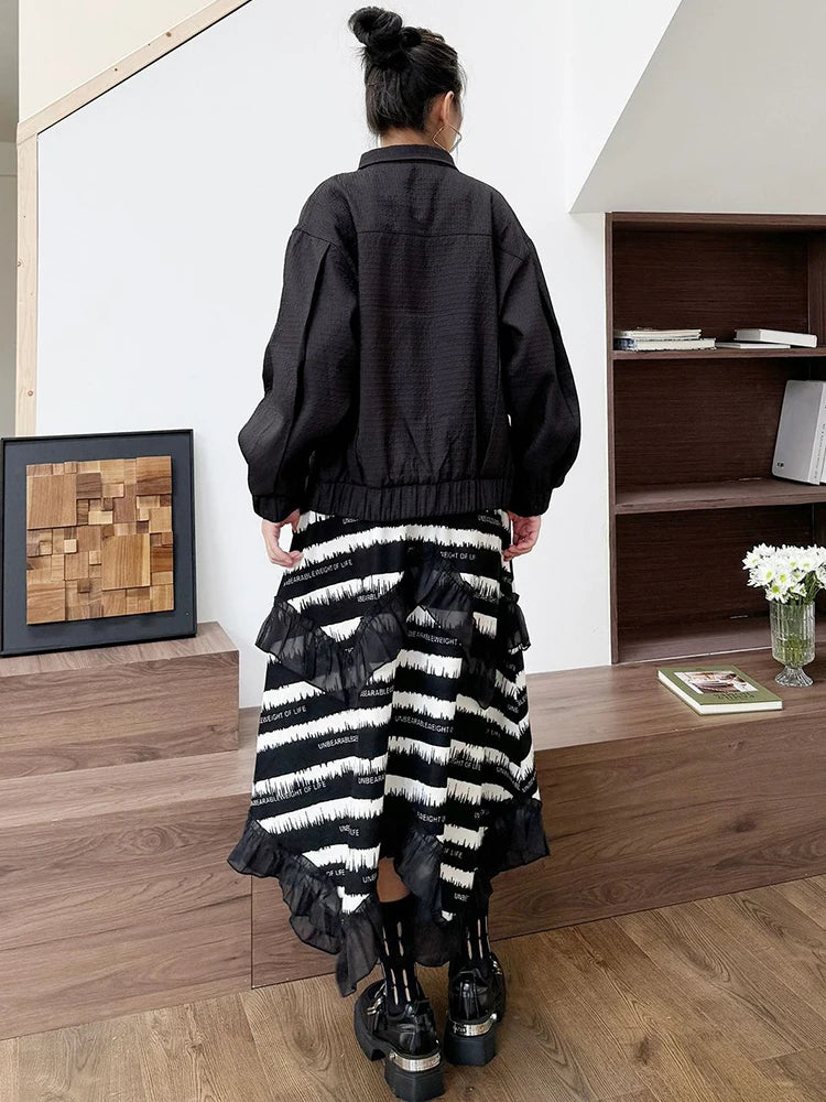 XITAO Gauze Patchwork Irregular A-line Skirt Elastic Waist Fashion Contrast Color Loose Casual Autumn Women New Skirt HQQ2414