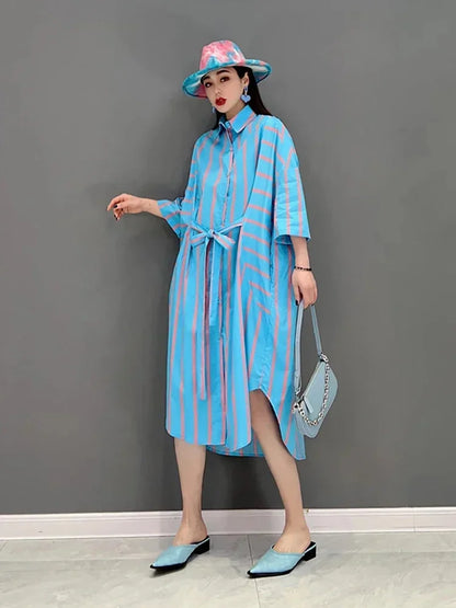 XITAO Contrast Color Striped Shirt Dress Fashion Bandage Splicing Loose Three Quarter Sleeve Casual New Trendy Dress WMD5205