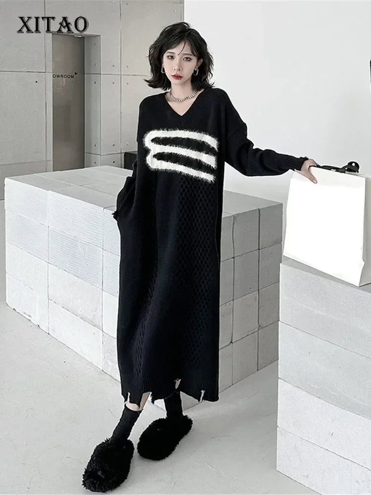 XITAO Knitted Pattern Dress Fashion Pullover Full Sleeve Small Fresh Casual Style 2023 Autumn Minority Loose Dress FBB1182