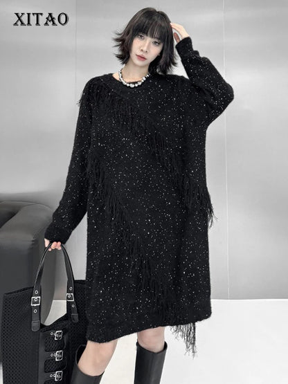 XITAO Casual Tassel O-neck Dress Loose Fashion Sequin Women Personality Trendy Solid Color Slimming Irregular Dress GYX1701