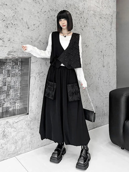 XITAO Solid Color Patchwork Dress Sets V-neck Bandage Vest Tops Elastic Waist Pocket Loose Mid-Calf Casual Skirt Autumn LJ1076