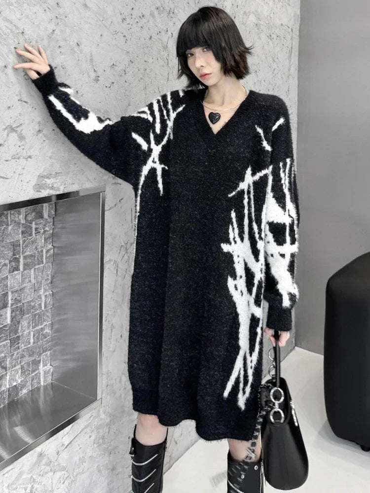 XITAO Solid Color Casual Knee-length V-neck Full Sleeve Dress Europe Fashion New Knitting Autumn Pullover Women Dress GMM1095