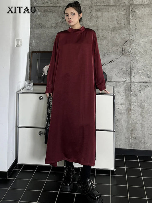 XITAO Full Sleeve Solid Color Loose Dress Simplicity Temperament Loose Elegant Casual Slimming Pullover Women New Dress ZY8902