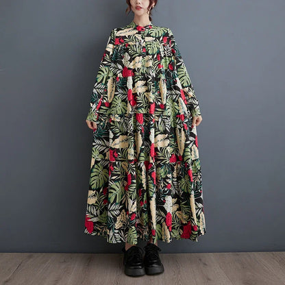 XITAO Contrast Color Print Dress Loose Fashion Long Sleeve Stand Collar Women Simplicity Temperament New Long Dress DMJ3612