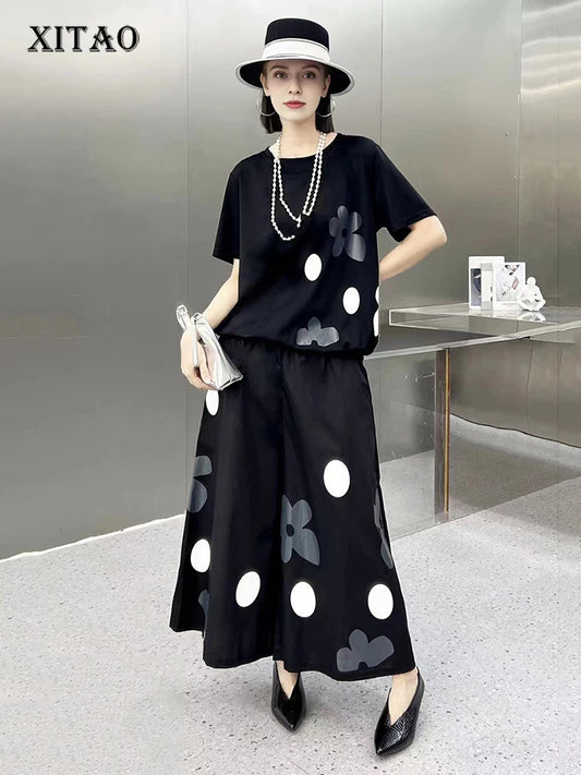 XITAO Black Flower Print Wide Leg Pants Sets Loose Fashion Contrast Color Casual Women T-shirt Top Two Pieces Sets LYD1730