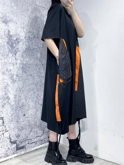 XITAO Casual Patchwork Print Dress Black 2024 Summer New Loose Fashion Temperament Korea Appear O-neck Pullover Dress WLD11248