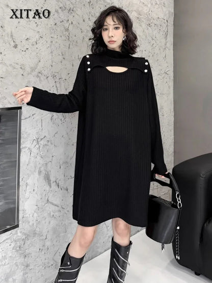 XITAO Solid Color Temperament Hollow Out Dress Loose Pullover Sliming Full Sleeve Mid-calf All Match Knitted Dress ZYY1022