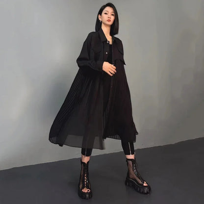 XITAO Mesh Patchwork Casual Shirt Dress Full Sleeve Turn Down Collar Mid-calf Splicing Pleats Single Breasted All Match ZYY1010