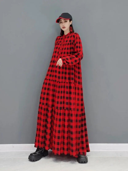 XITAO Plaid Pleated Pullover Dress Women Spring New Personality Fashion Loose Half High Collar Full Sleeve Dress GWJ0734