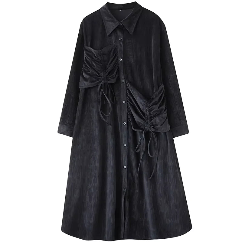 XITAO A-line Casual Solid Color Turn-down Collar Long Sleeve Dress Draw Rope New Single Breasted Autumn Women Dress GMM1064