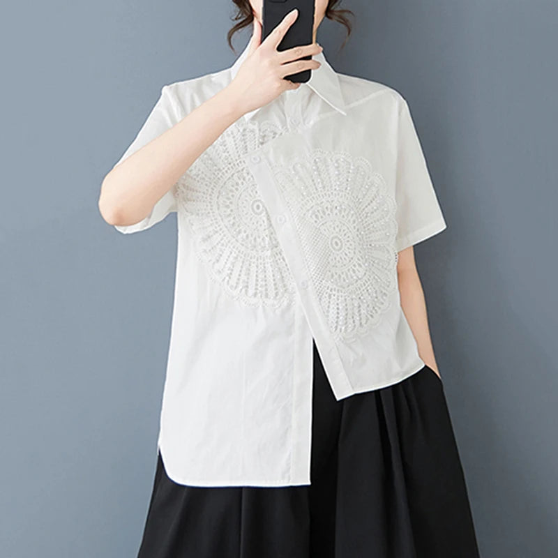 XITAO Casual Asymmetric Shirt Loose Irregular Patchwork Women Simple Trend Short Sleeve All-match Solid Color Top HQQ2431