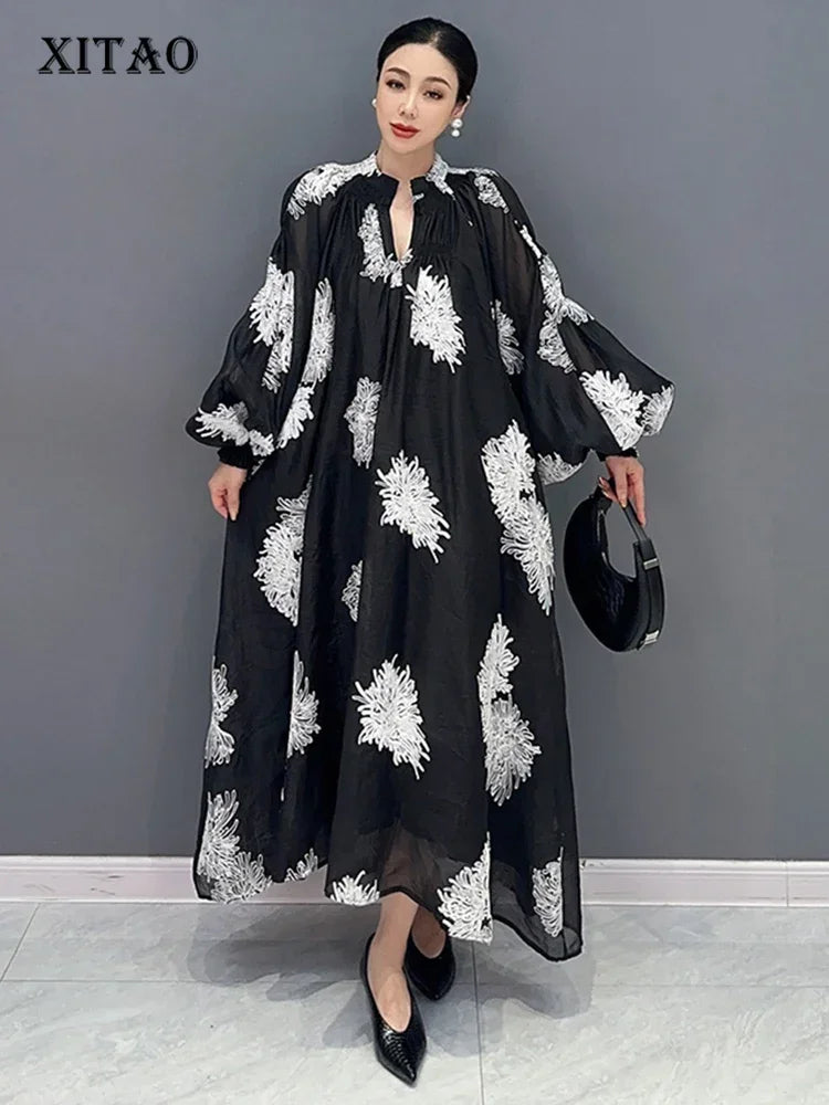 XITAO Loose Print Dress Fashion Temperament Elegant Goddess Fan Women Autumn New Arrival V-neck Appear Thin Dress HQQ1452