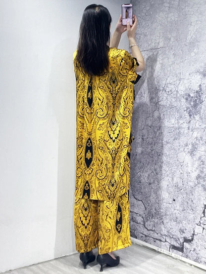 XITAO Loose Print Two Piece Yellow Sets Women Female Asymmetric 2023 Summer New Arrival Casual Fashion Two Piece Set WLD11383