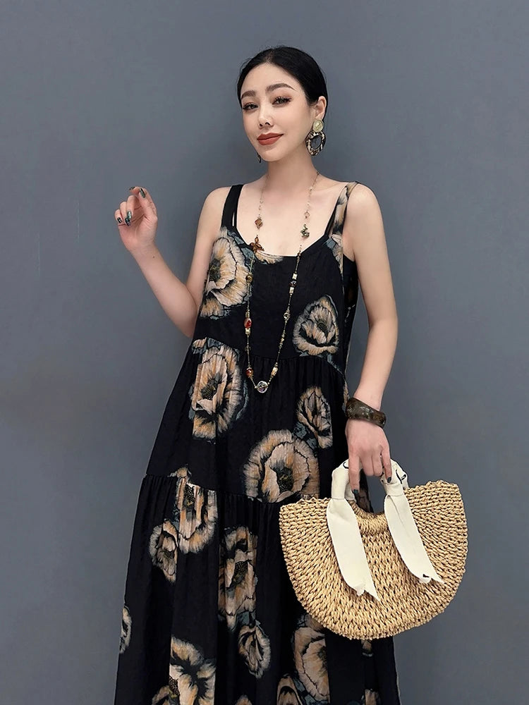 XITAO Spaghetti Strap Print Pullover Dress Loose Patchwork Folds Fashion Temperament All Match Summer New All Match GJ1063