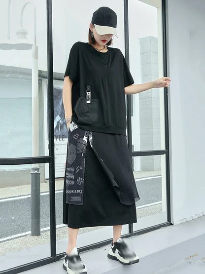 XITAO Irregular Fashion Patchwork Skirt Black Letter Print Bandage Splicing A-line Skirt Summer New Temperament Women HQQ0356