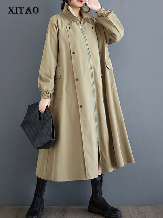 XITAO Loose Fashion Casual Female Trench Casual Solid Color Long Sleeve Turn Down Collar Zipper Women A-line Coat GYX1047