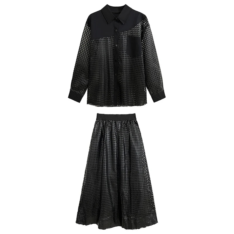 XITAO Hollow Out Sets Black Loose Fashion Long Sleeve Turn-down Collar Top Skirt Two Pieces Sets Spring New Women DMJ3941