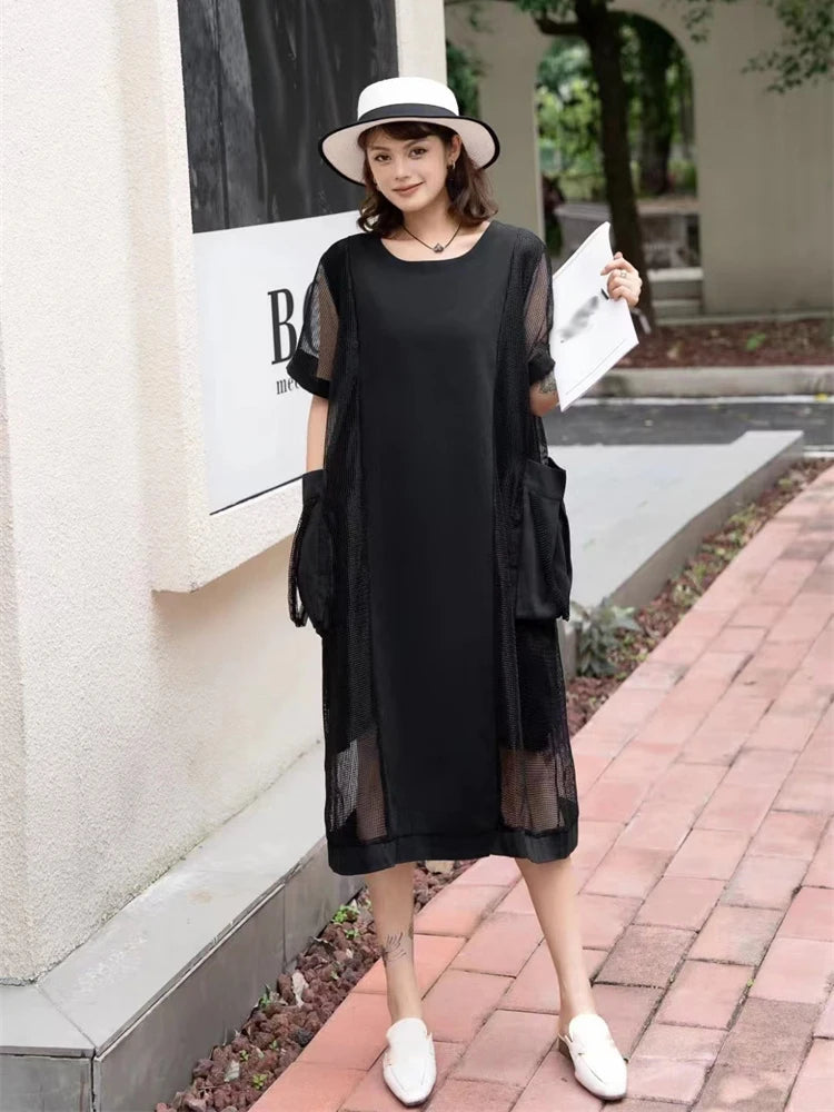 XITAO Gauze Patchwork O-neck Short Sleeve Dress Solid Color Pullover Loose Mid-calf Fashion Dress Summer Casual GJ1053