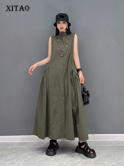 XITAO Folds Splicing Dress Loose Fashion Solid Color Casual Stand Collar Temperament Sleeveless Vest Dress Summer New WMD6465