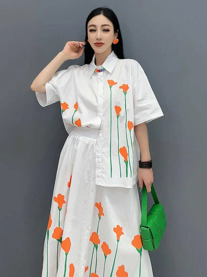 XITAO Casual Print Dress Sets Loose Fashion Contrast Color Women Short Sleeve Shirt Skirt Two Pieces Sets Summer New HQQ2373