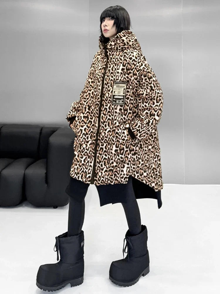 XITAO Loose Hooded Leopard Print Parkas Female Zipper Vintage Europe Full Sleeve Irregular Casual All Match Parka Winter ZYY1096