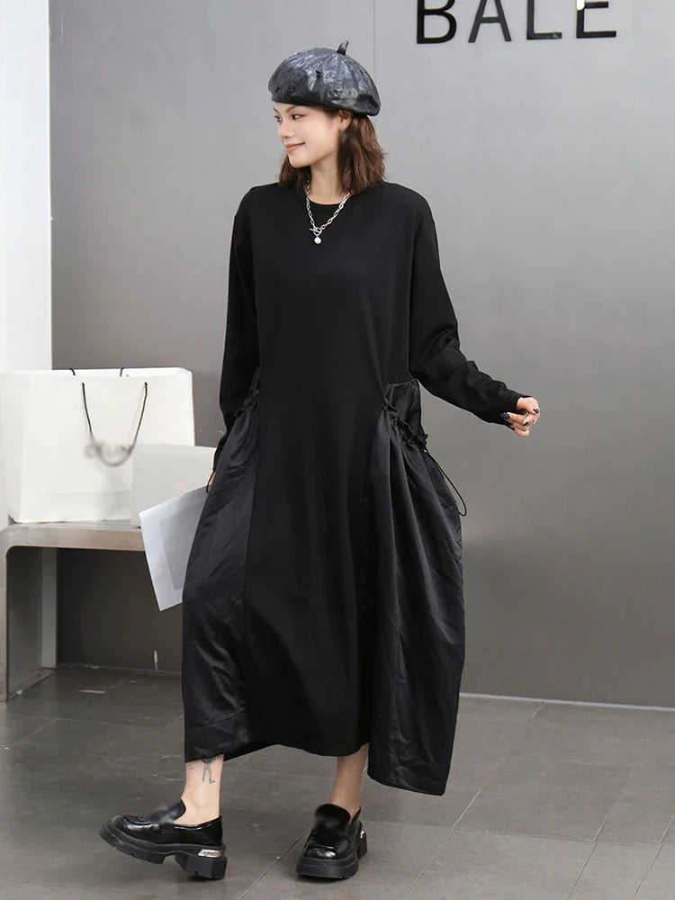 XITAO Shirring Big Pocket Solid Color Dress O-neck Long Sleeve Patchwork Pullover Loose Fashion Slimming 2024 Autumn GJ1092