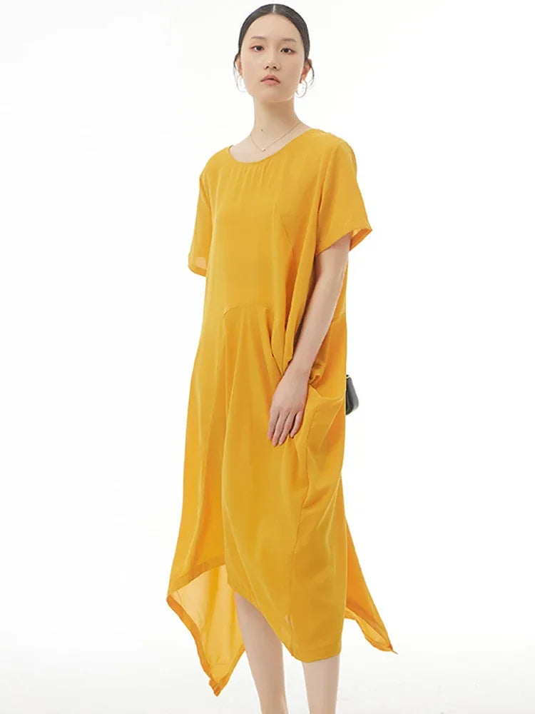 XITAO Asymmetrical Folds Splicing Dress Solid Color Temperament Simplicity O-neck Collar Casual Loose New WMD5417