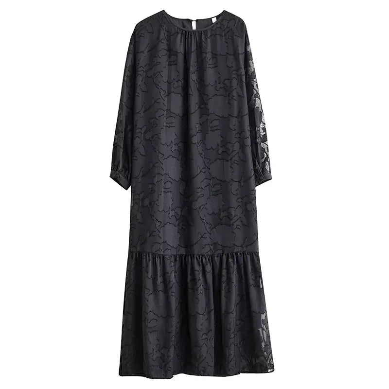 XITAO Gauze Patchwork Print Dresses Solid Color Pullover Long Sleeve Loose Fashion Temperament Dresses 2024 Autumn New LJ1005