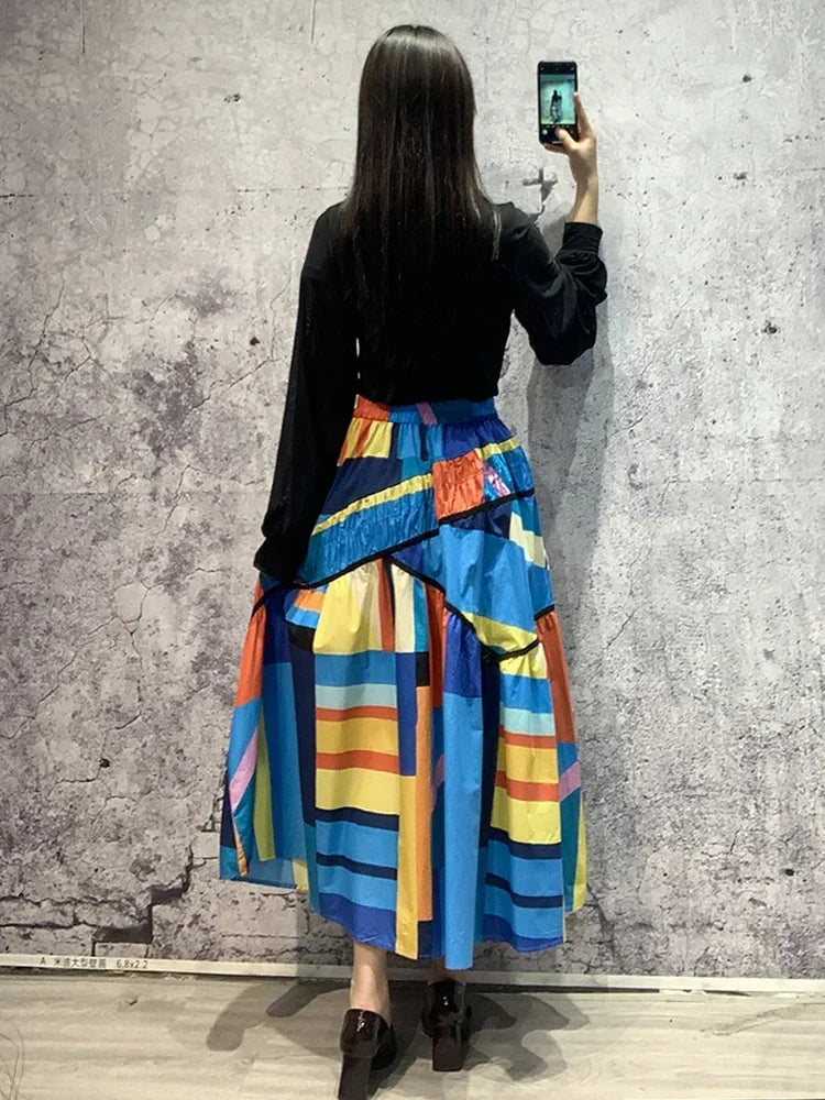 XITAO Contrast Color Skirts Irregular Folds Splicing A-line Skirt Personality New Fashion Casual Trendy All-match Women WMD5493