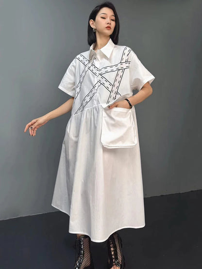 XITAO Loose Irregular Striped Female Shirt Dress Fashion Big Pocket Patchwork Women Summer New Casual Simplicity Dress HQQ2368