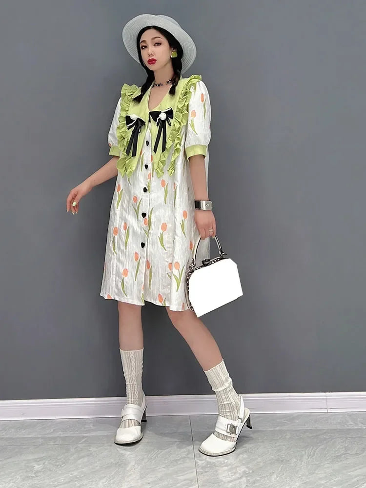 XITAO Bow Single Breast Dress Fashion Print Pattern Goddess Fan Casual Style Ruffle Summer Minority Loose Dress WMD6451