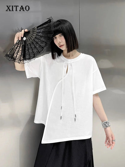 XITAO Asymmetrical Hollow Out O-neck T-shirts Solid Color O-neck Pullover Short Sleeve Loose Tops 2024 Summer New Casual ZY8710