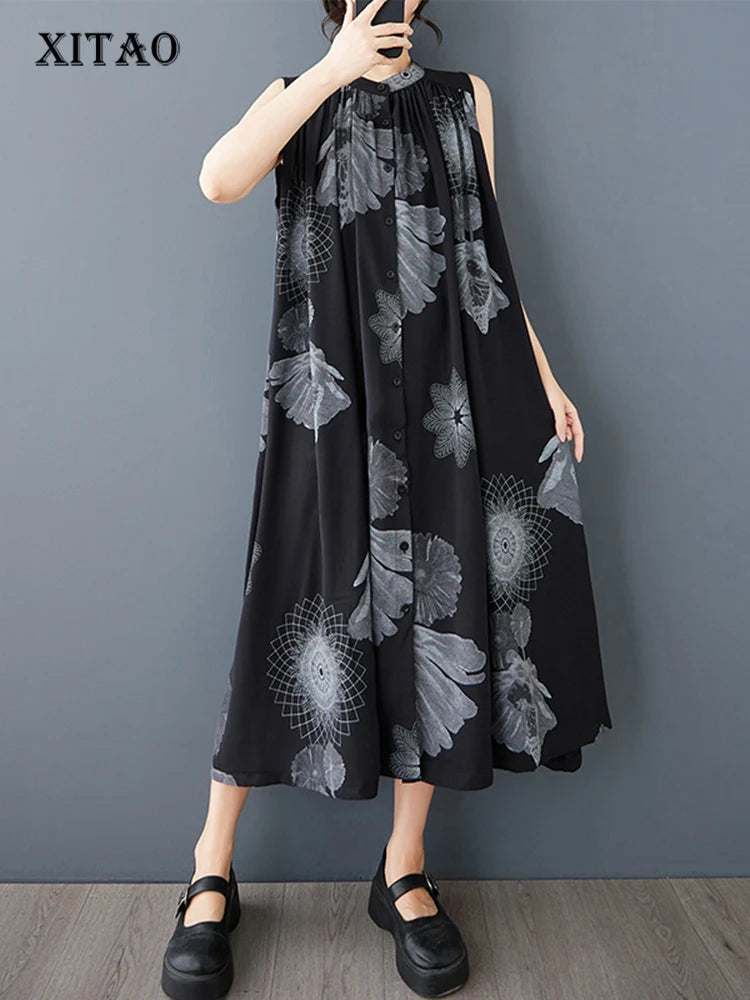 XITAO Printing Fold O-neck Sleeveless Dress Mid-calf A-line Pullover Simple Personality Solid Color Summer Women Dress GMM1310