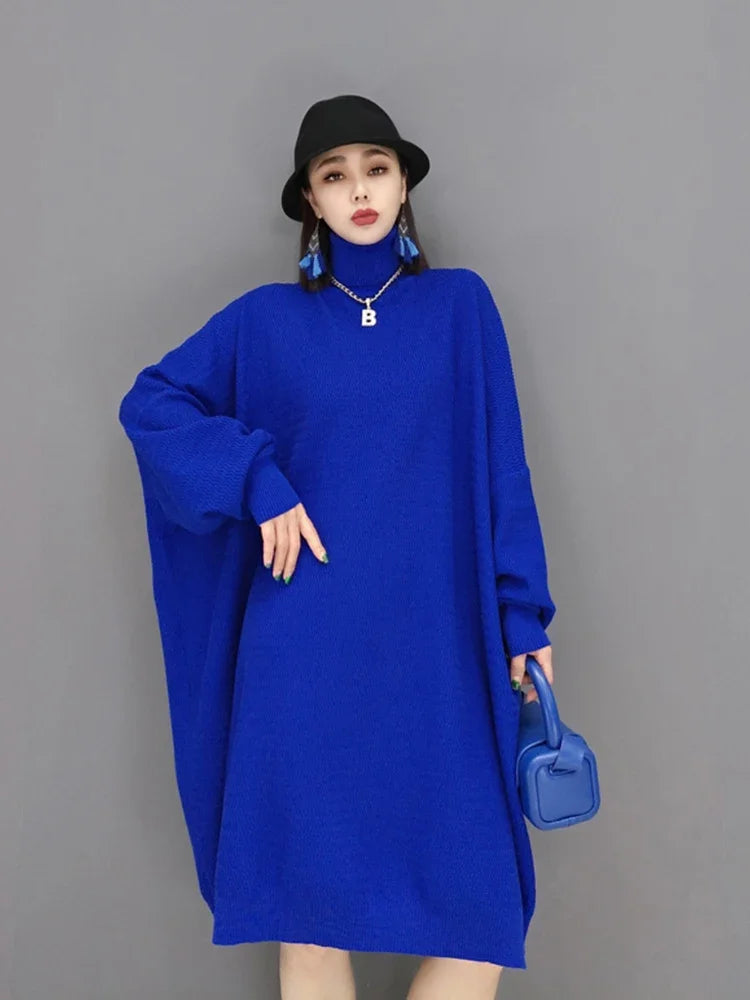 XITAO New Knitting Dress Loose Fashion Turtleneck Pullover Large Size Casual Batwing Sleeve Women 2024 Spring All-match WMD4039