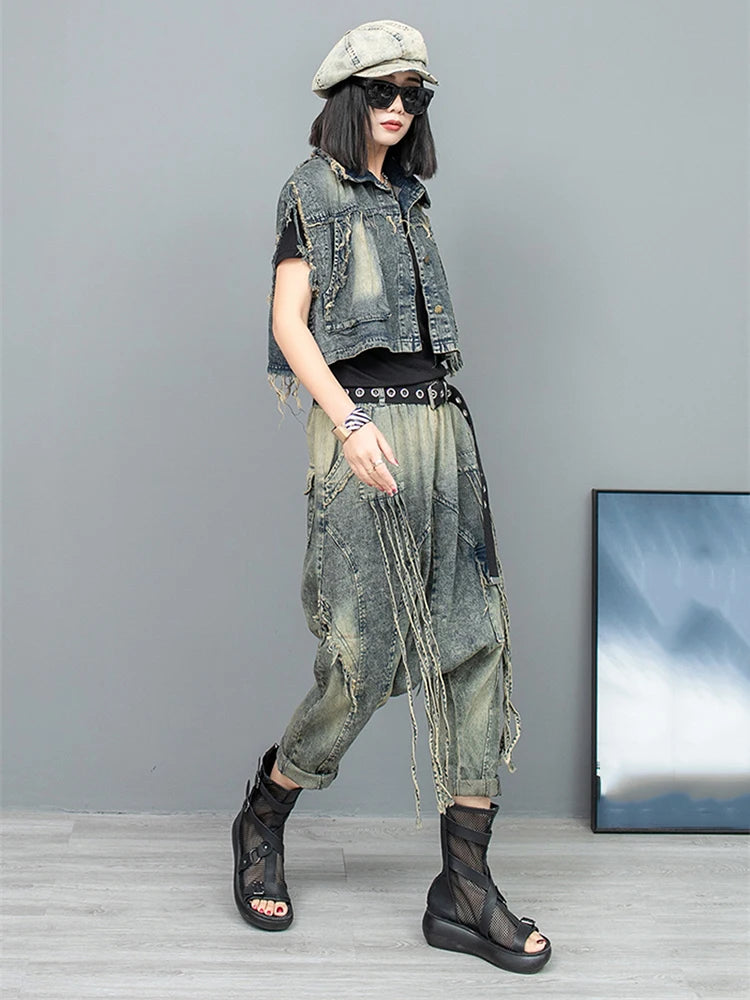 XITAO Tassels Pant Set Turn Down Collar Vest Sleeveless Personality Crotch Pants Spring Fashion Women Two-piece Sets LYD1743