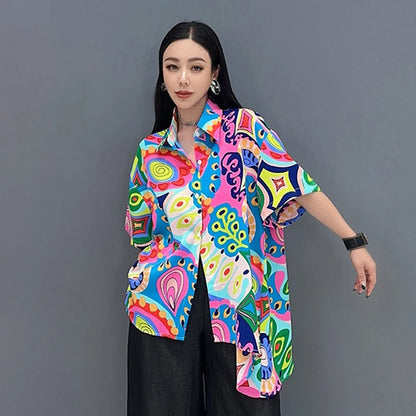 XITAO Asymmetrical Women Print Shirt Personality Fashion Loose Short Sleeve Top Summer New Street Trendy Shirt ZY8785