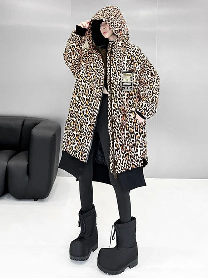 XITAO Loose Hooded Leopard Print Parkas Female Zipper Vintage Europe Full Sleeve Irregular Casual All Match Parka Winter ZYY1096