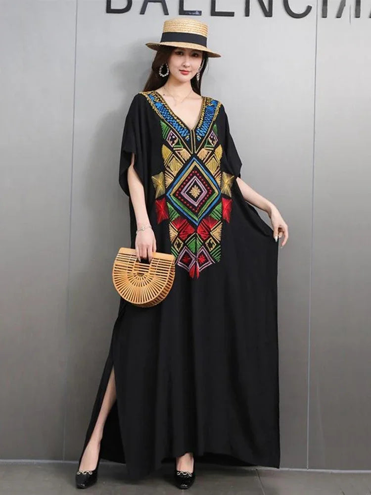 XITAO Embroidery Patchwork V-neck Side Split Dress Contrast Color Loose Ankle-Length Slimming Fashion All Match Casual GMM1240