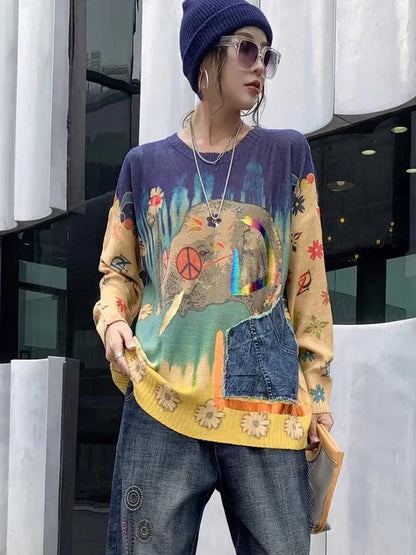 XITAO Patchwork Print Female Sweater Personality Contrast Color Pullovers Top Spring New 2024 Women Street Trend Sweater ZY8630