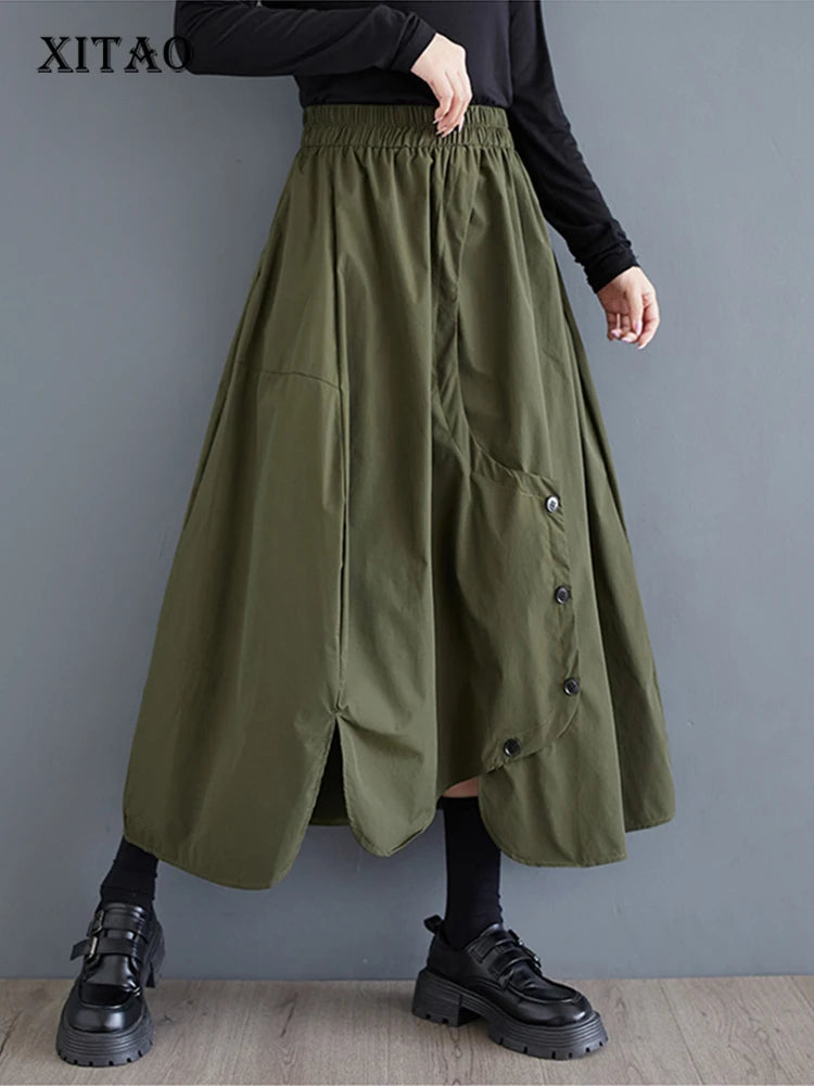 XITAO Solid Color Casual A-line Elastic Waist Mid-calf Skirt Loose Patchwork Irregualr All Match 2024 Autumn Women Skirt ZYY1064