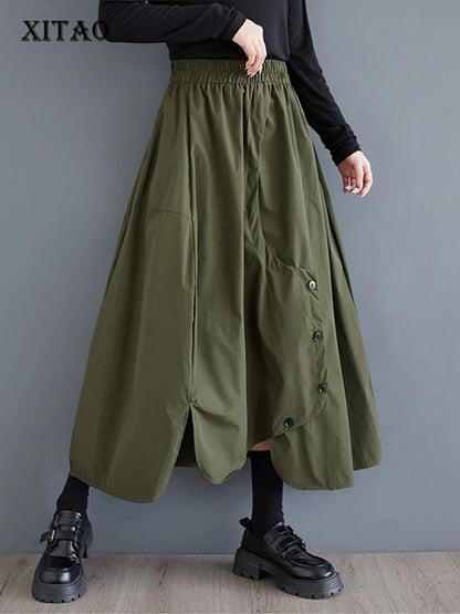 XITAO Solid Color Casual A-line Elastic Waist Mid-calf Skirt Loose Patchwork Irregualr All Match 2024 Autumn Women Skirt ZYY1064