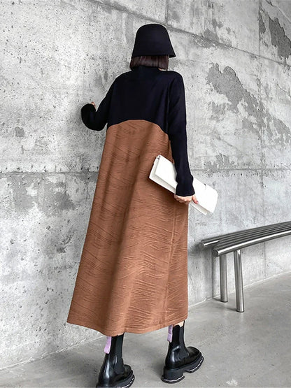 XITAO Hit Color Dress Fashion Women Pullover Pleated Knitted Full Sleeve 2024 Spring Minority Loose Elegant Dress WLD9276