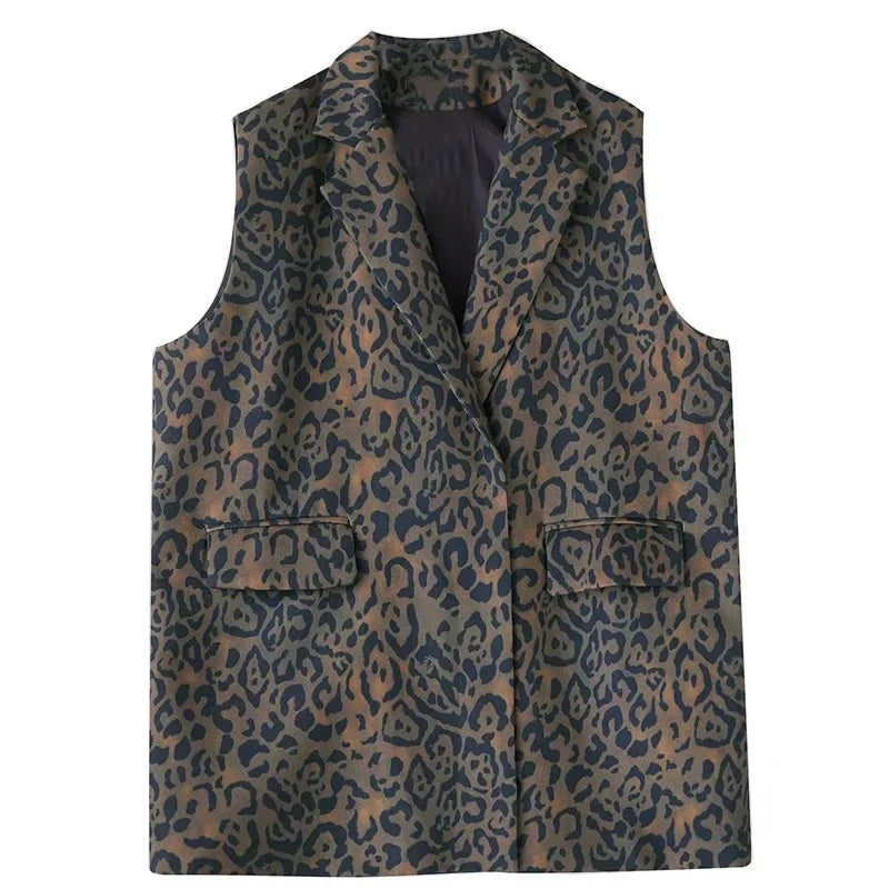 XITAO Leopard V-neck Sleeveless Casual Coat Vintage Europe Fashion One Button Pocket Loose Fitting Autumn Women Vest GMM1214