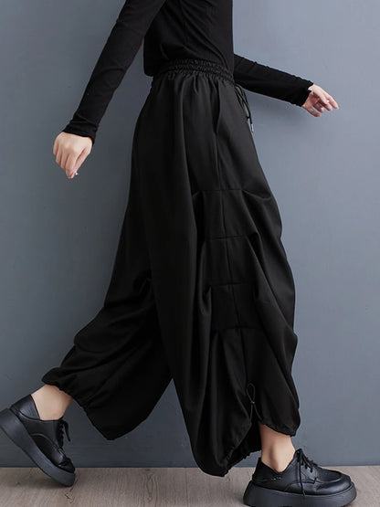 XITAO Pleated Elastic Waist Ankle Length Pants Drawstring Solid Color Personality Casual All-match Women Wide Leg Pants DMJ3786