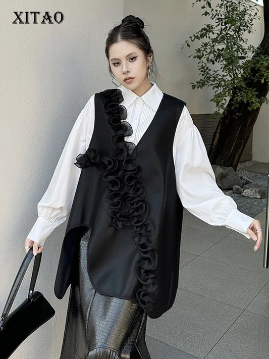 XITAO Edible Tree Fungus Asymmetrical Pu Vest Three-dimensional Decoration Patchwork Pullover Fashion Casual Loose Tops GMM1244