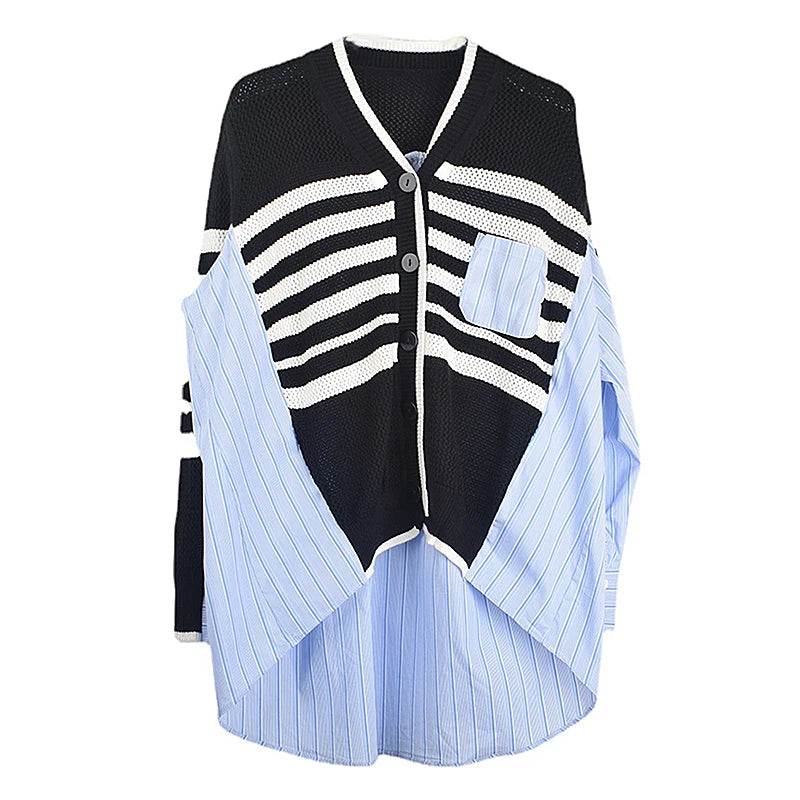 XITAO Knitting Patchwork Sweater Cardigan Fashion Casual Loose Contrast Color Striped Women 2024 Spring Winter All-match LDD2230